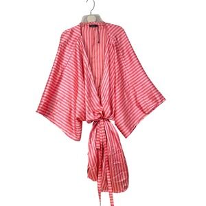 Boohoo Kimono Style Pink‎ Striped Open Front Tie Waist Robe Cover Up